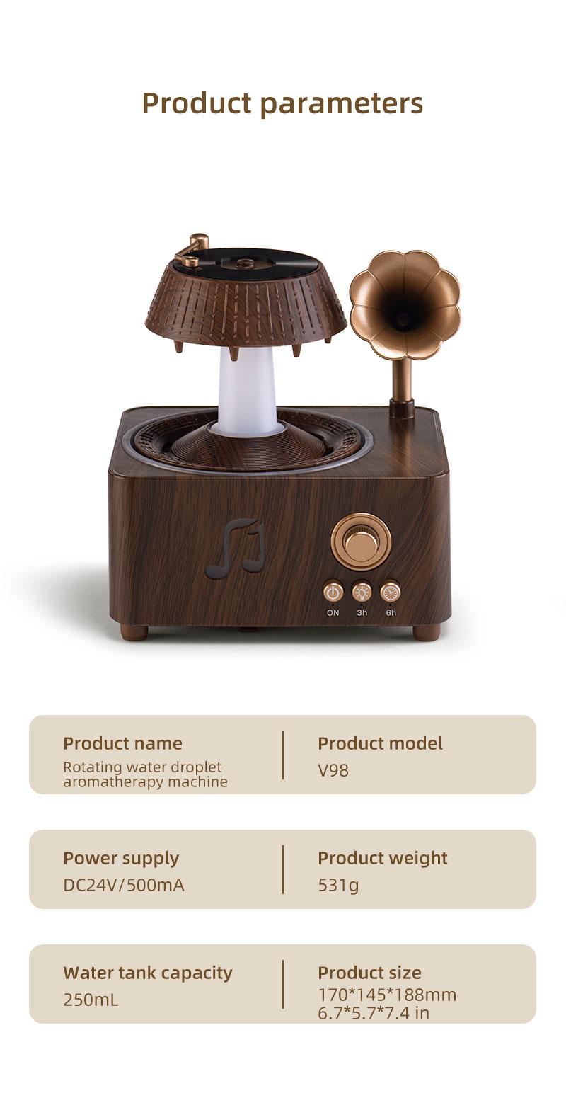 Aromatherapy Diffuser, 250ml Rotating Raindrop Record Player Design Essential Oil Diffuser & Water Mist Humidifier, Ultrasonic, Wood Grain with Remote Control, Colorful LED Night Light, Timer for Bedroom Home Office Decor