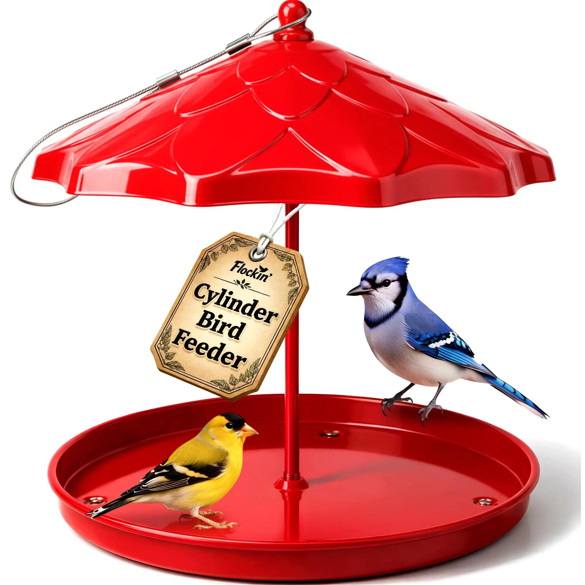 Red Cylinder Bird Feeder Holder - Holds Bird Seed Cylinders with Hole, Logs, & Birdseed Cakes up to 6" Diameter - Cylinder Sold SeparatelyPowder Coated, Thick, Durable Weather Resistant