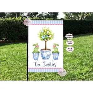 Easter Garden Banner, Easter Topiary, Chinoiserie Yard Flag, Spring Flag, Bunnies Topiary Yard Flag, Personalized Easter, Grandmillenial