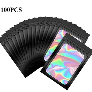 100 Thick Odor-Proof Aluminum Foil Bags 9x12cm, Laser Colorful Plastic Reusable Sealed Bags with Transparent Window, Magic Packaging Bags, Holographic
