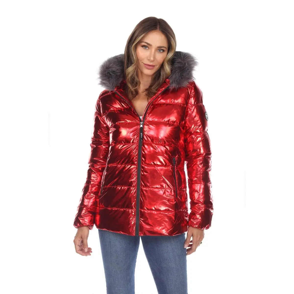 212 MAIN Women's Trending Oversized Metallic Hooded Puffer Jacket - Coats, Long Sleeve, Front Zipper, Pocket, Red, Extra Large