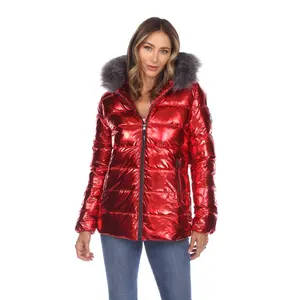 212 MAIN Women's Trending Oversized Metallic Hooded Puffer Jacket - Coats, Long Sleeve, Front Zipper, Pocket, Red, Extra Large