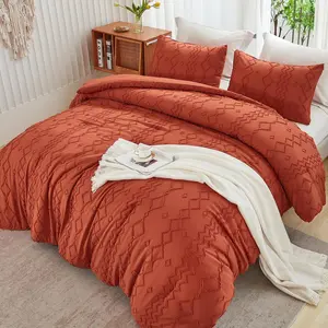 Terracotta Tufted Comforter Full(79x90Inch), 3(1 Boho Comforter, 2 Pillowcases) Textured Farmhouse, Microfiber Down Alternative Geometric