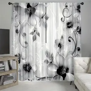 2-piece Bohemian style floral semi blackout curtains, made of durable polyester fiber material with insulation function, perfect for living room and bedroom decoration