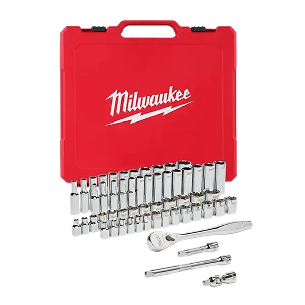 Milwaukee 48-22-9008 3/8" Drive 56-Piece Ratchet & Socket Set - 4 Flat™, SAE/Metric, Slim Profile, for Car Repair
