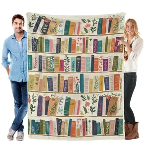 Vintage Bookshelf Library Throw Blanket, Cottagecore Book Wildlowers Blanket Gift For Book Lover Library Gift Floral Bookish Gift For Reader