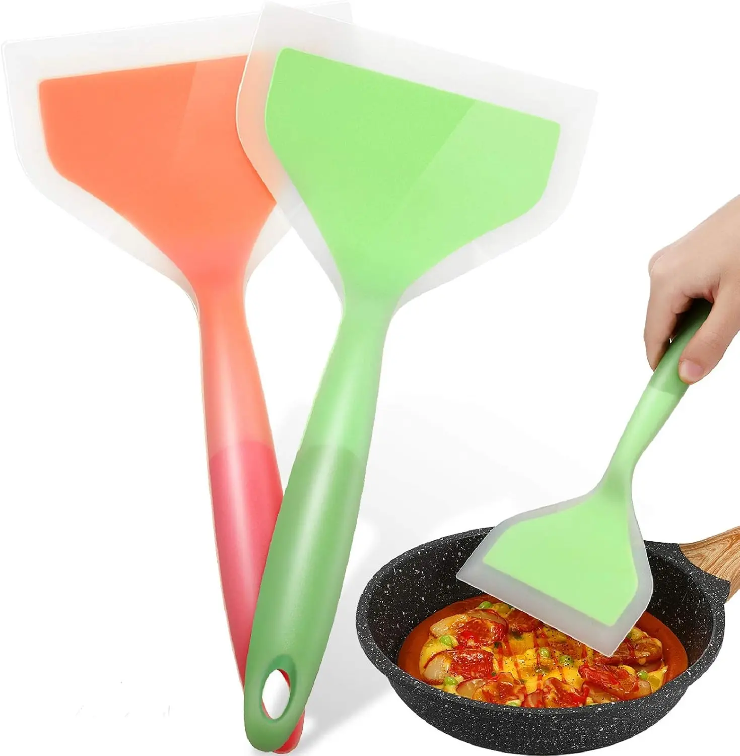 2-Piece Wide Silicone Spatula Set - BPA-Free, Soft Edges, 0.14 kg Silicone Core Turner for Nonstick Cookware, Tamagoyaki Omelette, Fried Fish (Green, Orange)