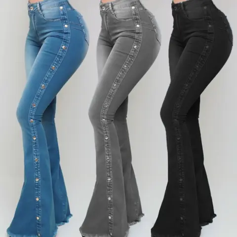 2026 Plus-Size Women’s Long High-Waisted Stretch Floor-Length Flared Jeans with Side Stud Detailing, Women’s Clothing