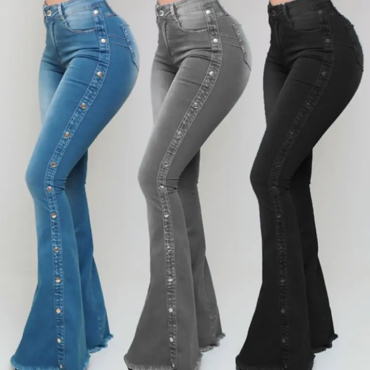 2026 Plus-Size Women’s Long High-Waisted Stretch Floor-Length Flared Jeans with Side Stud Detailing, Women’s Clothing