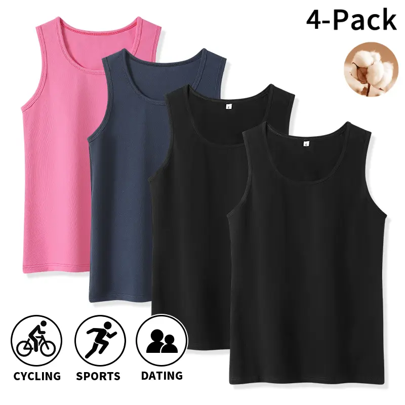Men’s U-neck cotton undershirts/tank tops available in 4-packs/1-packs, solid-color sleeveless layering inner shirts, skin-friendly basic vests for everyday wear and home use