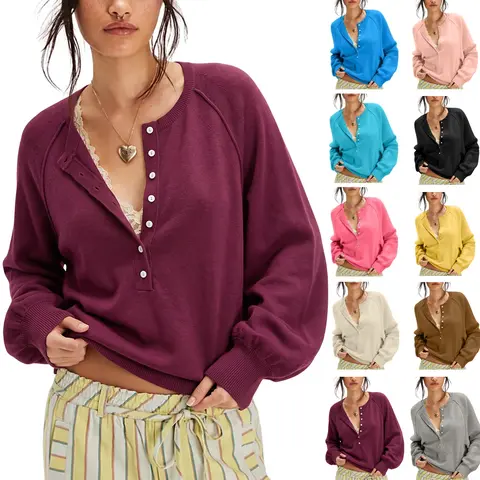 SCUSTY Womens Long Sleeve Knitting Sweater Tops Half Button Sweaters Henley Neckline Casual Lightweight Solid Pullover Knitting Comfortable Soft Womenswear SohoChic
