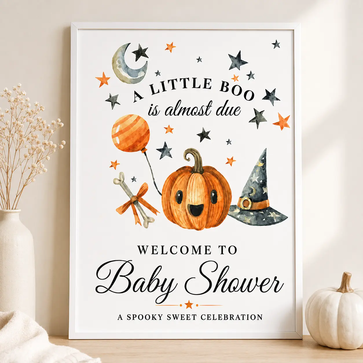 Little Boo Halloween Baby Shower Welcome Sign, A Little Boo Is Almost Due Poster, Cute Pumpkin Witch Party Entrance Decor, Spooky Sweet Baby Celebration, Gender Neutral Fall Shower Wall Art, Unframed Printed Sign