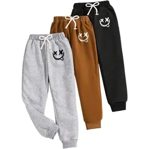 Tween Boys 3 Pack Smiling Face Pattern Printed Elastic Waistband Jogger Sweatpants with Bowknot Decor Rope