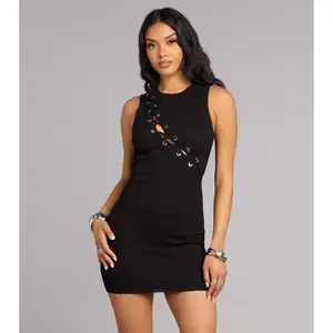 Risk Taker Crew Neck Lace-Up Mini Dress