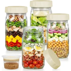 4 Pack Salad Jars with Lids, Leakproof Salad Jars with Dressing Cup, 32oz Jar Salad Container for Meal Prep,-in Wet Dry Separation for, Home, Office and