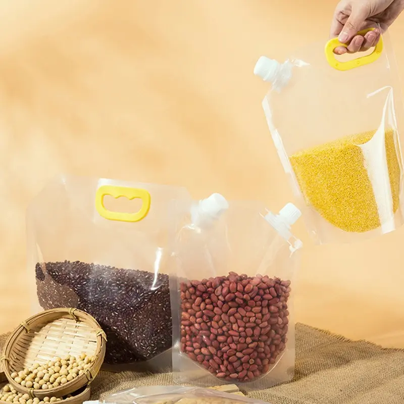 12pcs Reusable Grain Storage Bags with Handle - Transparent Spout Pouch, Moisture-Proof Sealed Kitchen Organizer for Camping Picnic Home Pantry Rice Cereal Beans, Portable Airtight Multi-Purpose Pouch