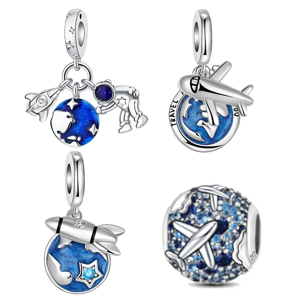 925 Sterling Silver Charms Set, Cute Travel & Space Themed Pendants with Blue Enamel and CZ, Airplane, Earth, and Astronaut Designs for DIY Bracelets, Gift for Women, Charms & Pendants, Cute Charms