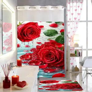1/2pc unhooked painting  Valentine's Day Love Red Rose Pattern shower curtain, shower curtain with snap-in fabric lining,  transparent ceiling window,shell  pattern waterproof double tub curtain including Super absorbent mat , bathroom accessories