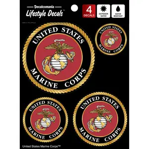 Decalcomania U.S. Marine Corps Logos 4 Pc Peel and Stick Decals Chrome Finish Water-Resistant Officially Licensed USMC Decals for Support