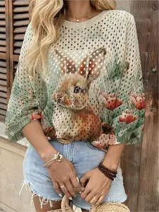 Spring and summer, round neck hollow loose bat with shoulder sleeves blouse, color white rabbit flower Animal print ladies knit blouse, holiday style, casual and elegant commuting, women's vest blouse, bikini blouse, Bohemian holiday style seaside blouse