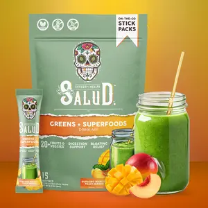 Salud 2-in-1 Greens Powder + Superfood Drink Mix Packets, 20+ Fruits and Veggies, Probiotics, Prebiotics, Supports Digestive Health, Bloating Relief, Vegan, Peach Mango (15 Servings)