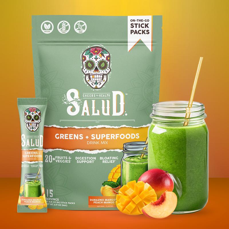 Salud 2-in-1 Greens Powder + Superfood Drink Mix Packets, 20+ Fruits and Veggies, Probiotics, Prebiotics, Supports Digestive Health, Bloating Relief, Vegan, Peach Mango (15 Servings)