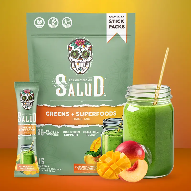 Salud 2-in-1 Greens Powder + Superfood Drink Mix Packets, 20+ Fruits and Veggies, Probiotics, Prebiotics, Supports Digestive Health, Bloating Relief, Vegan, Peach Mango (15 Servings)