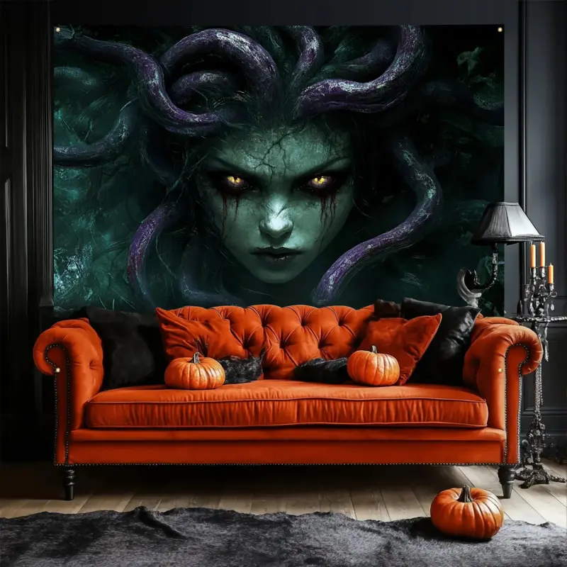 Extra Large Snake Goddess Polyester Wall Tapestry - Hook-Included, Custom Image Upload, Hand Wash Safe, Indoor-Outdoor Holiday Decor, Trippy Room Accessory, Day of the Dead Religious Home Gift Option