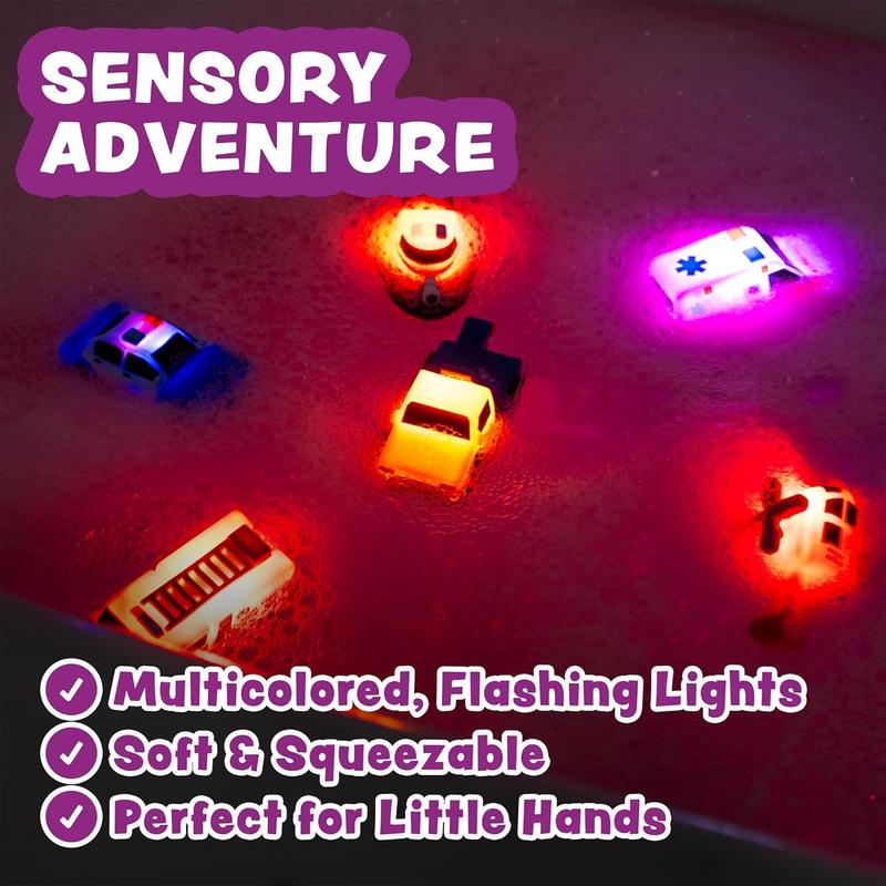 Emergency Cars Light Up Bath Toys, 6 Pack |   Water-Activated Light Up Toys Flash & Change Color |   Soft, Squeezable Baby & Toddler Bath Toys |   Sensory Toys with Bath Lights for Kids Bath
