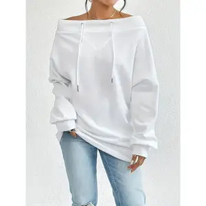 Elegant Style, Women's Casual Off-Shoulder Drawstring Sweatshirt - Fashionable Loose Fit, Solid Color, Long Sleeve, Polyester Blend, Perfect for Autumn/Winter Womenswear Hoodie Tops Pullover Basic Black Fitted Minimalist（gift）