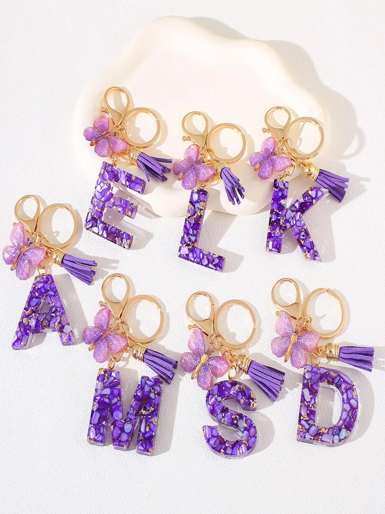 Initials & Butterfly & Fringe Design Keychain, Fashionable Purple Artificial Crystal Drop Glue Keychain for Women & Men, Trendy All-match Keychain for