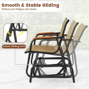 COSTWAY - Patio Glider Chair Set of 2 with Curved Teak Armrests and Breathable Fabric Seat-Brown
