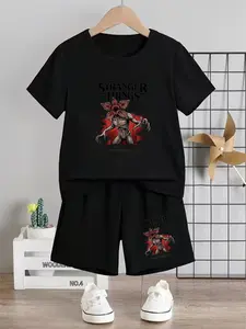 Stranger Things Demogorgon Monster Print Children's Set, Summer New Design, Unisex Appeal - Boys' And Girls' Short-Sleeved T-Shirts + Shorts 2-Piece Set, Coordinated Look, Comfortable, Casual, Fashionable And Versatile For Daily Use, Ideal Gift Choice