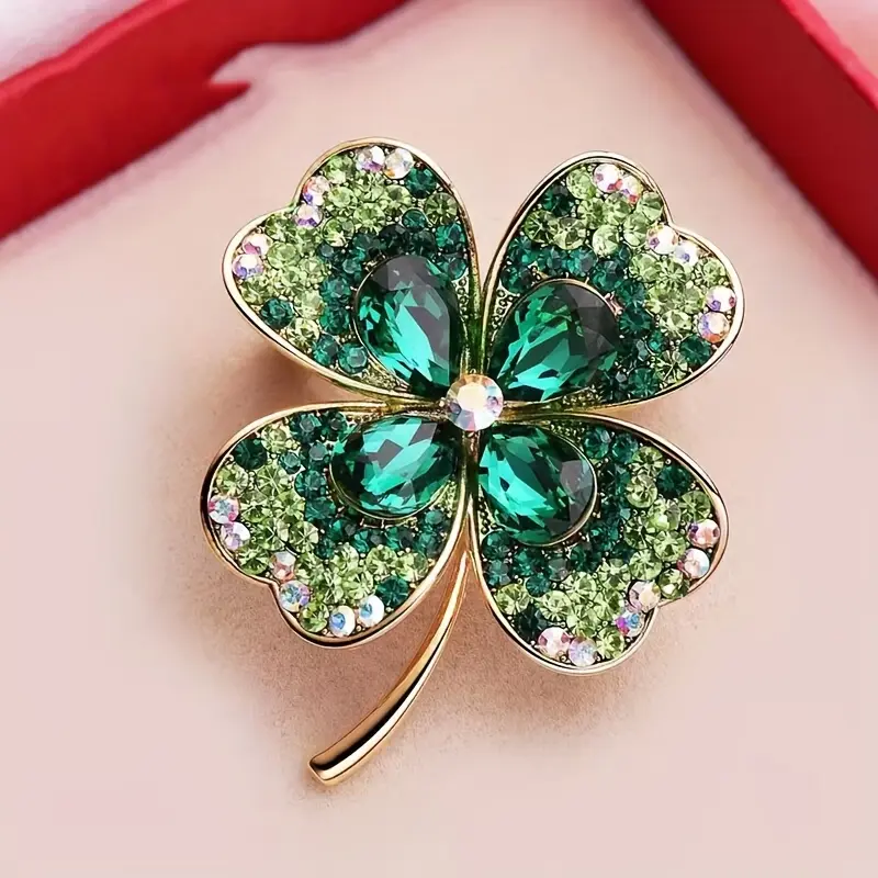 1pc Green Rhinestone Four-Leaf Clover Brooch | Shiny Artificial Crystal, Zinc Alloy, Elegant Style, Suitable for Cardigan, Coat, Hat Pin