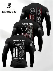 Men's American Flag Long Sleeve T-Shirt, Casual Fashion Round Neck Design, Outdoor Sports 3 Piece Set, Loose Fit, Soft Knit