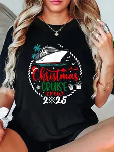100% Cotton T Shirts Christmas Cruise Crew 2025 Xmas Family Holiday Funny T-Shirt Breathable & Comfort Fit Tee Women,Short Sleeve Crew Neck Top For All Seasons,Graphic Tees Women Tops