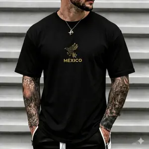 Men's Premium 100% Cotton Mexico Eagle Pride Tee - Thick Ribbed Minimalist Apparel, Vintage Aztec Eagle Graphic, Retro Golden Metallic Crewneck Short Sleeve Oversized Top