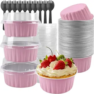 Mini Cake Molds with Lids, 50-Piece Pack, 5OZ Round Disposable Aluminum Foil Baking Cups, Mini Toast Molds, Muffin Pans for Weddings and Parties, Small Baking Cups, Pie Pans, Muffin Pans, Cheesecake Molds.