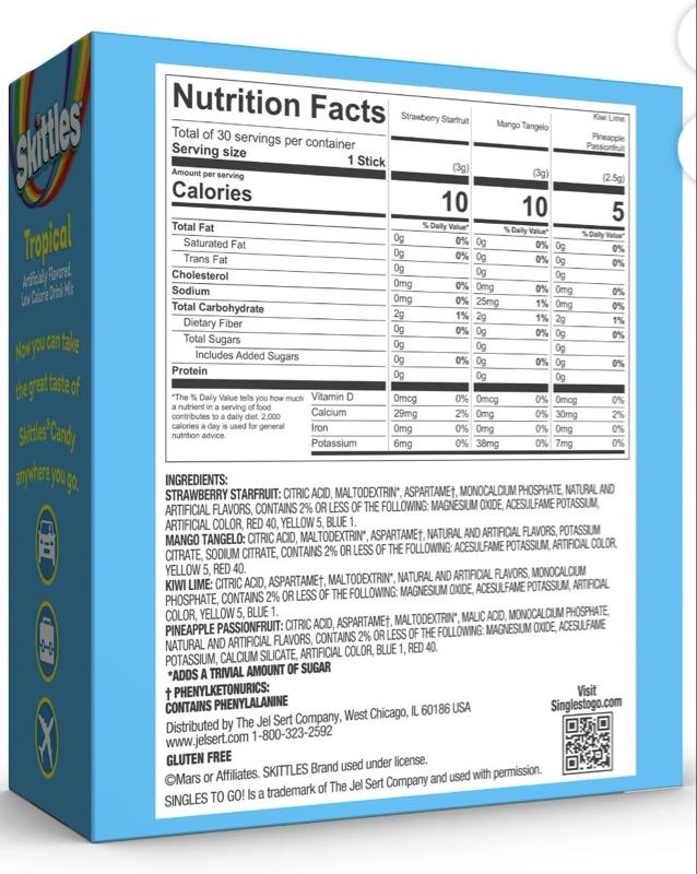 Skittles Zero Sugar Variety Pack Singles-to-Go Powdered Drink Mix, Tropical, 30 Count Packets
