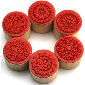 6 Pieces Floral Pattern Round Wooden Rubber Stamp for Scrapbooking