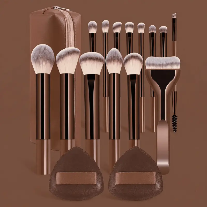 13PcsProfessional Makeup Brush Set With Bag and 2 Puffs/18Pcs/17Pcs/16Pcs pink/17Pcs gold/16Pcs with Bag, Cosmetic Brush Set, Metal Frame, Multiple Brushes Including Eyeshadow, Blush, Foundation, Makeup Brush Tool, Perfect for Women & Girls