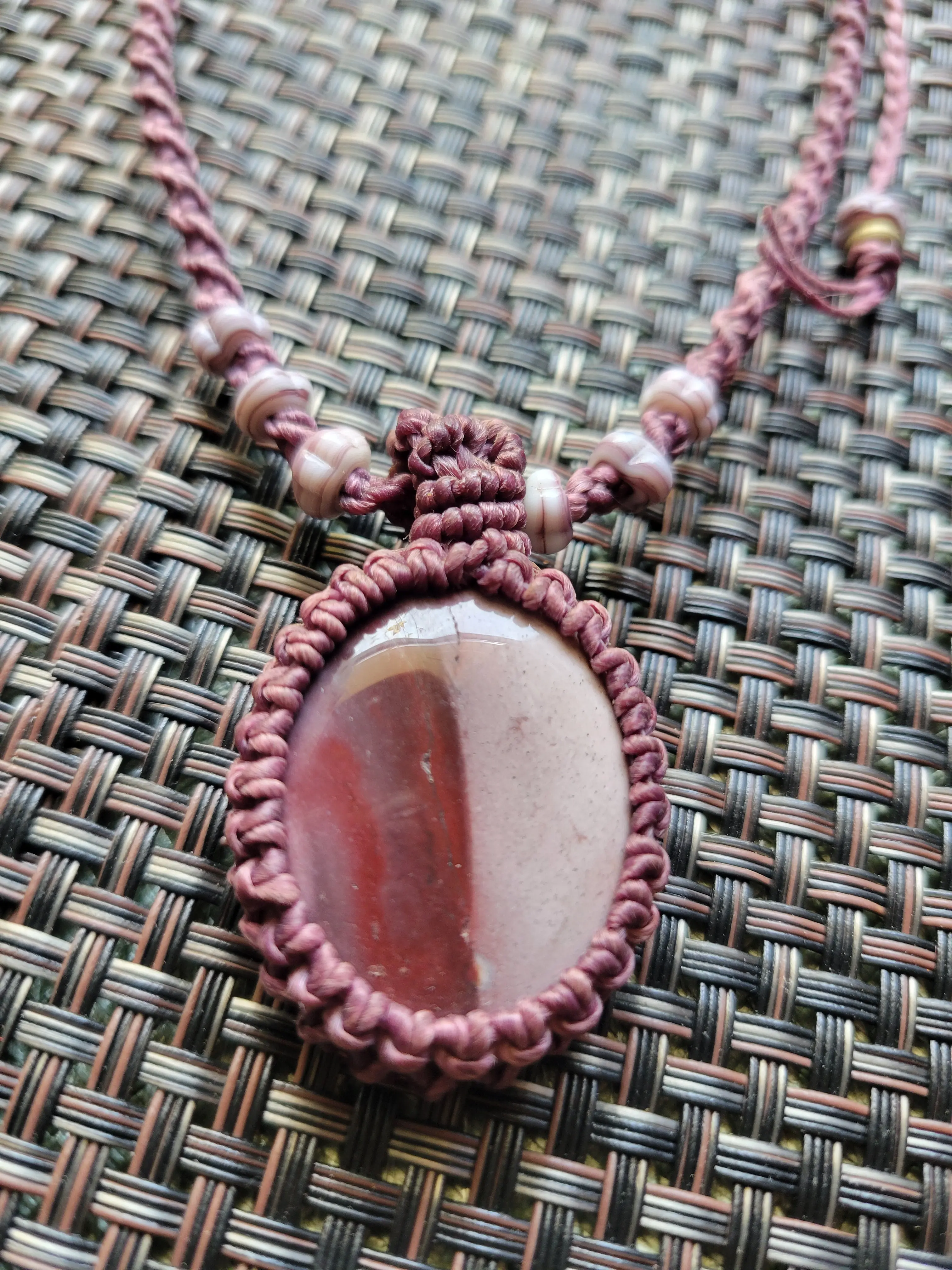 Noreena Jasper Macramé Necklace – Two-Tone Pendant on Adjustable Spiral Braided Cord