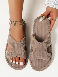 Women's Solid Color Hollow Out Design Plush Slippers, Casual Soft Comfortable Home Slippers, Warm Slippers for Indoor & Outdoor Use for Spring & Fall