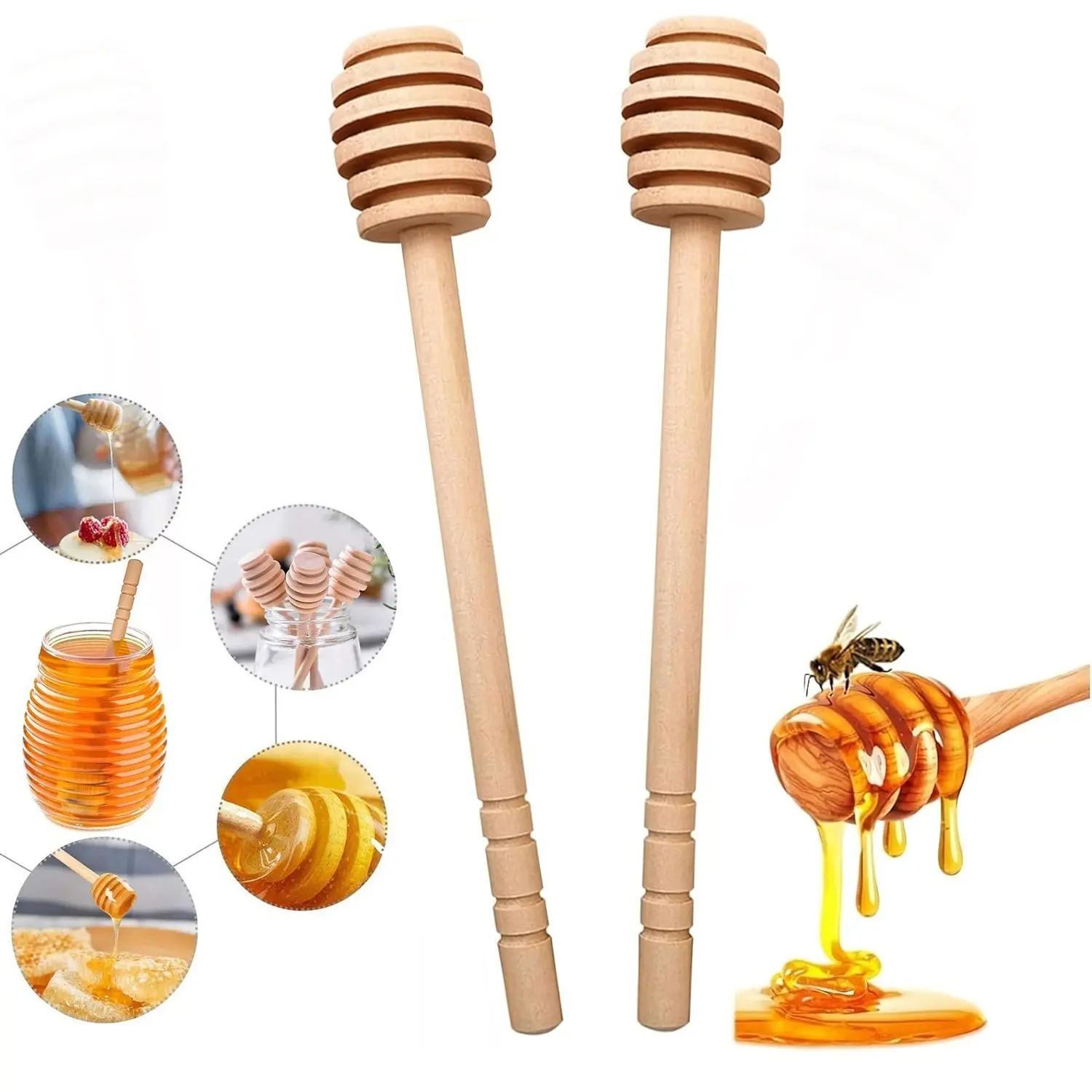 2/4 Counts 16cm Wooden Honey Mixing Stirrer, Honey Dipper Sticks, Honeycomb Stick, Honey Spoons, Kitchen Tool, Kitchen Utensils for Caramel, Maple Syrup, Honey Jar