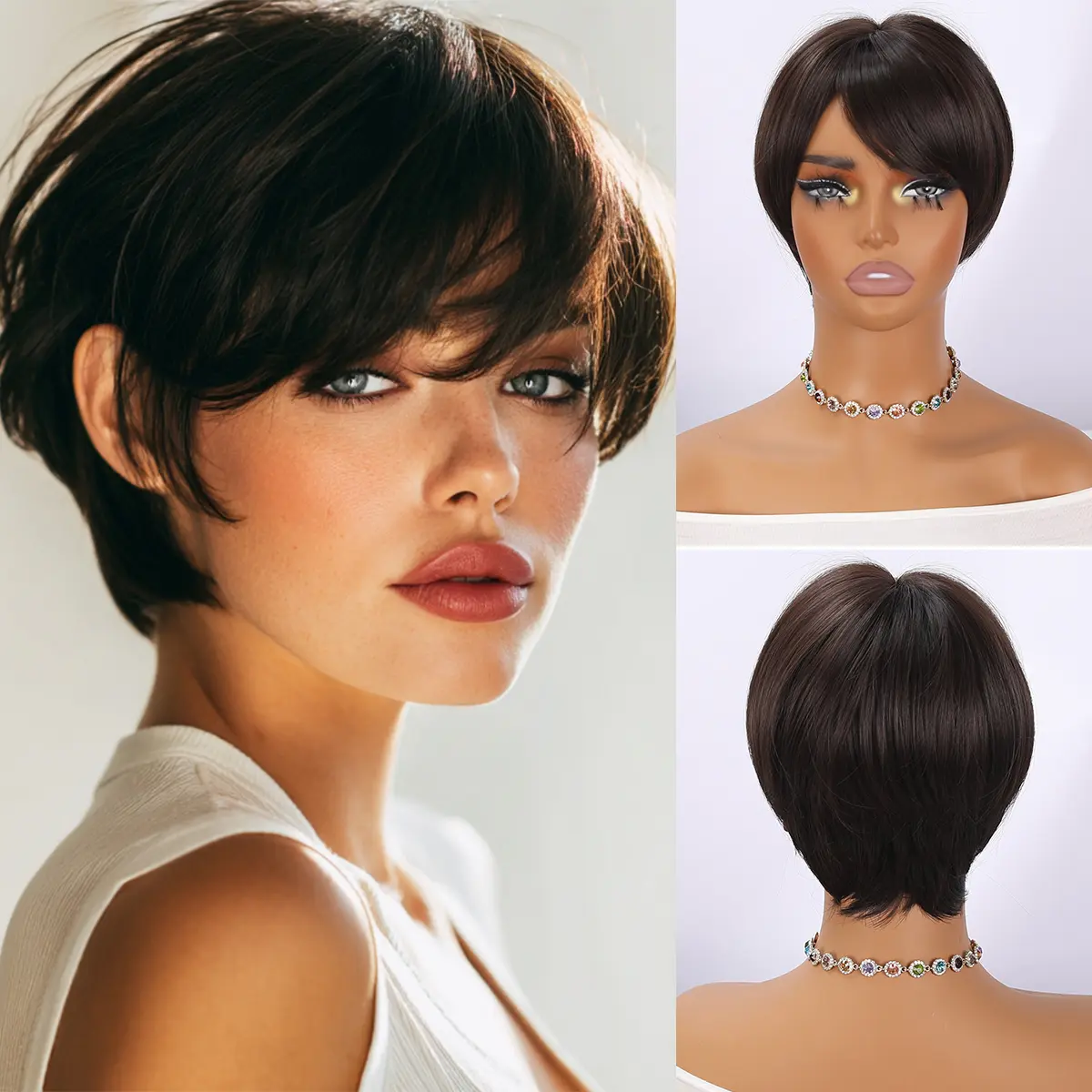 SMILCO/8Inch Brown Short Straight With Bangs Synthetic Wig/SM166-4