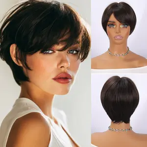 SMILCO/8Inch Brown Short Straight With Bangs Synthetic Wig/SM166-4