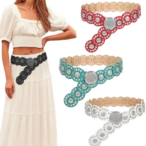 XZQTIVE Women's Vintage Disc Concho PU Leather Belts - Western, American Retro Artistic Waist Accessory, Adjustable Rivet Belt for Women, Fits Dresses, Jeans (Bronze, Black), Vintage Waist Accessory, Belts For Women