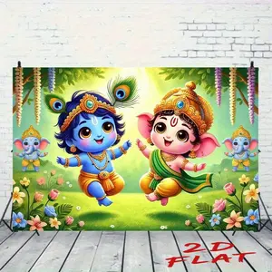 1pc Large 8x6ft Hindu Gods Photography Backdrop - Baby Krishna & Ganesha Party Decoration with Floral, Vibrant Indian Festival Background Cloth for Weddings, Live Streams, Cultural Events - Durable Polyester Fabric, Diwali Decorations Items, Indoor