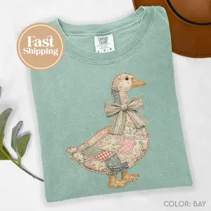 Comfort Colors Retro PRINTED Faux Patchwork Grandmacore Goose T-shirt, Easter Graphic Tee, Floral Coquette Duck Tshirt, Cottagecore Gingham Spring Tee