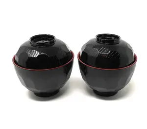 Thy Home Aesthetic Traditional Plastic Tableware Set - Small Size 8.4oz Serving Bowls, Lightweight Japanese Rice & Miso Soup Bowls with Heat Retent Lids, Black & Red, 4.33" D x 3.94" H